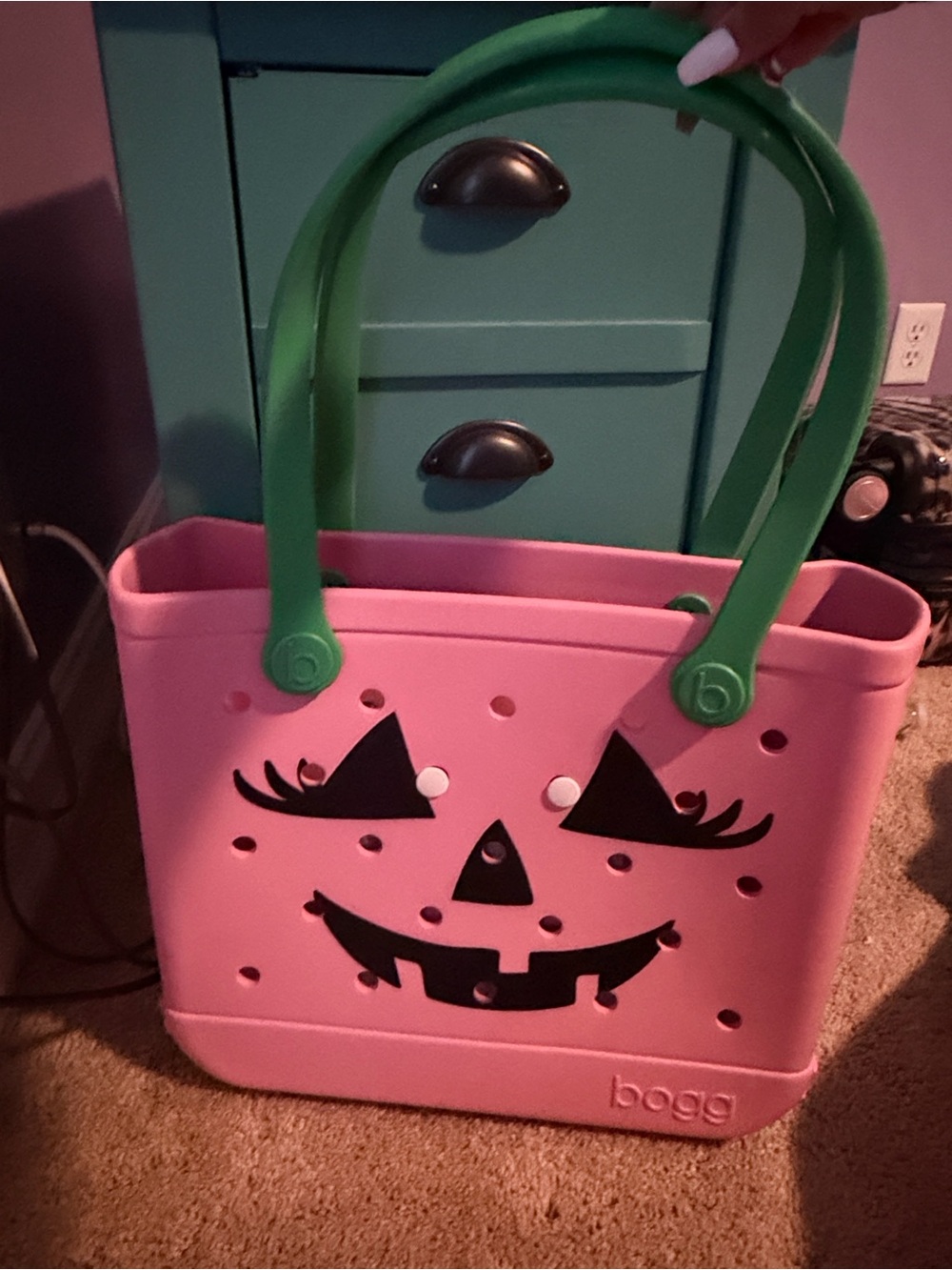 BOGG BAG Pink Tote with Green Handles and Pumpkin Face medium size
